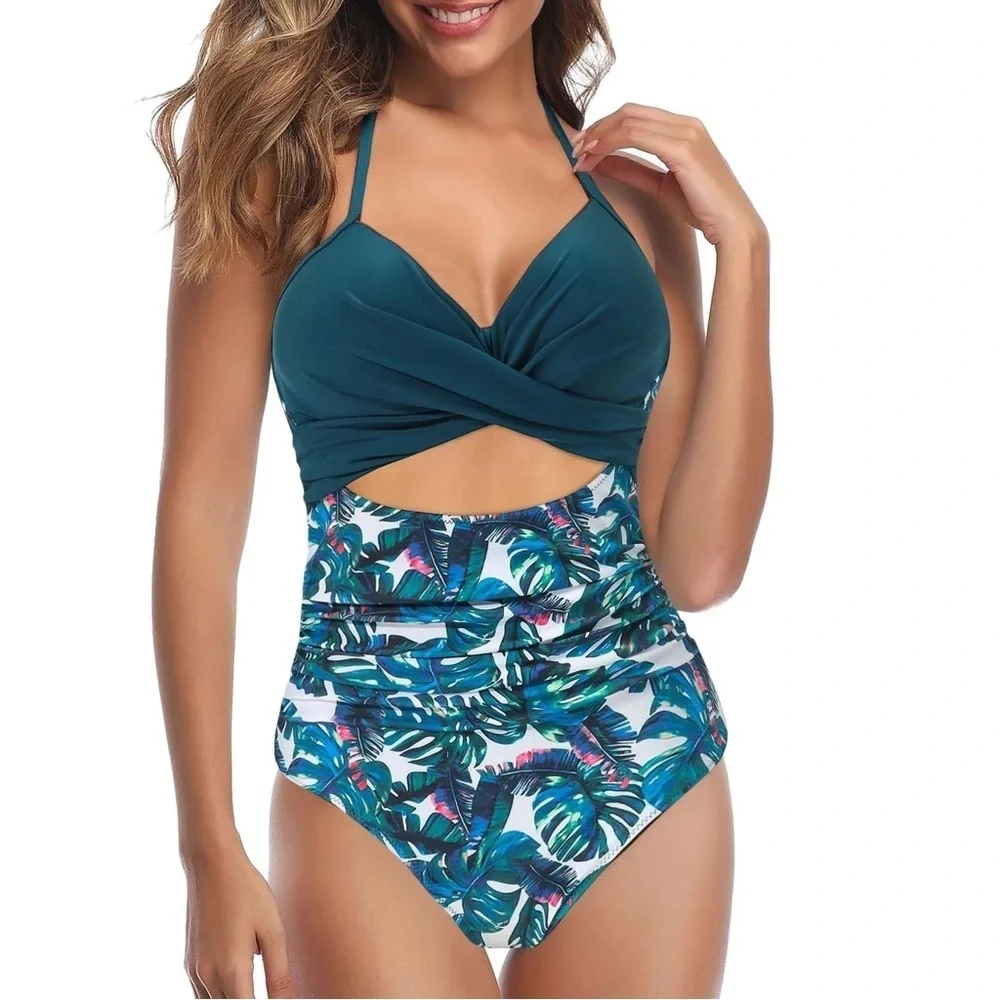 Women's V Neck One Piece Navy Green Swimsuit Monokini NWOT Size M - Picture 1 of 3